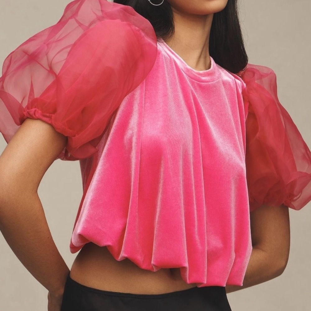 Anthropologie Top NWOT Sz S HOT PINK Puff Sleeve Velvet Crop Top